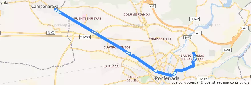 Mapa del recorrido L6:Fuentes Nuevas FTM-Universidad de la línea  en Ponferrada.