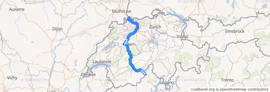 Mapa del recorrido EC 52: Milano => Frankfurt de la línea  en Suiza.