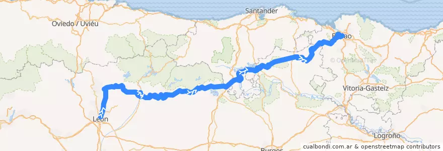 Mapa del recorrido R4 León => Bilbao de la línea  en İspanya.