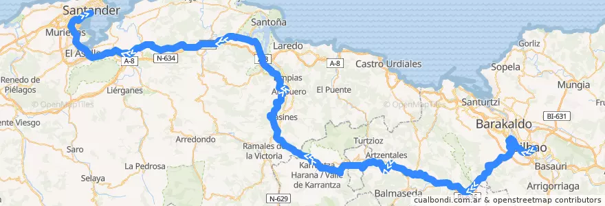Mapa del recorrido R3 Bilbao -> Santander de la línea  en Испания.