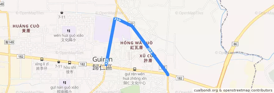Mapa del recorrido 綠16(延駛新豐高中_返程) de la línea  en 歸仁區.