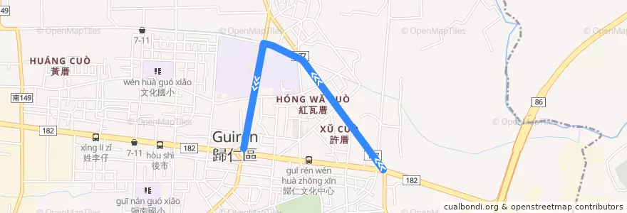Mapa del recorrido 綠16(延駛新豐高中_往程) de la línea  en 歸仁區.