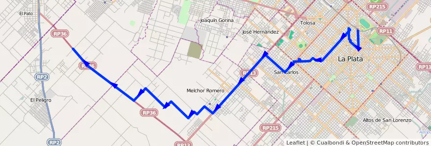 Mapa del recorrido 84 de la línea Oeste en Partido de La Plata.