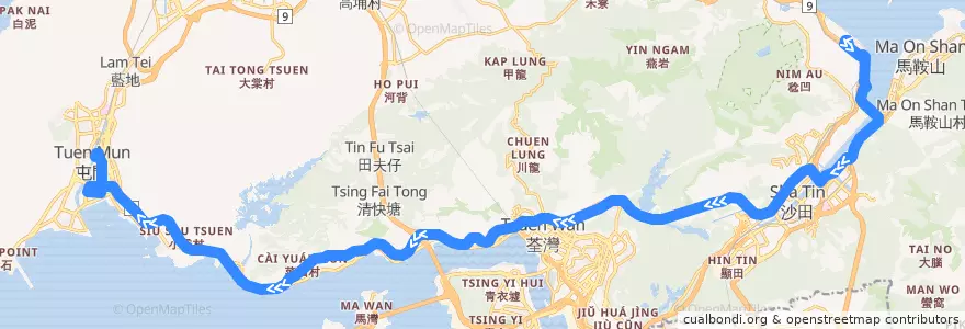 Mapa del recorrido 九巴263A線 KMB 263A (香港科學園 Hong Kong Science Park → 屯門站 Tuen Mun Station) de la línea  en الأقاليم الجديدة.