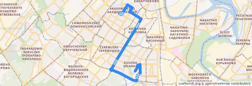 Mapa del recorrido Автобус 786: Метро "Академическая" => Большая Юшуньская улица de la línea  en Südwestlicher Verwaltungsbezirk.