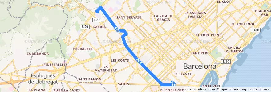 Mapa del recorrido V9: Poble Sec => Sarrià de la línea  en Барселона.