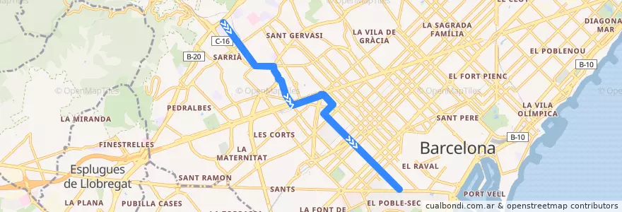 Mapa del recorrido V9: Sarrià => Poble Sec de la línea  en Barcelona.