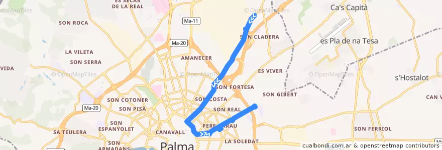 Mapa del recorrido Bus 43: N3 Nitbus: Sa Indioteria → Germans Escales de la línea  en Palma.
