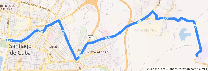 Mapa del recorrido Ruta A11 EIDE->Ferrocarril de la línea  en Ciudad de Santiago de Cuba.
