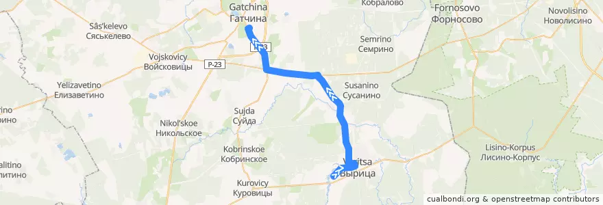 Mapa del recorrido Автобус № 534а: Гатчина, Варшавский вокзал => Вырица de la línea  en Гатчинский район.