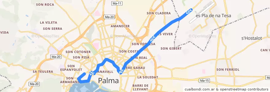 Mapa del recorrido Bus 44: N4 Nitbus: Son Bonet → Plaça del Progrés de la línea  en پالما.