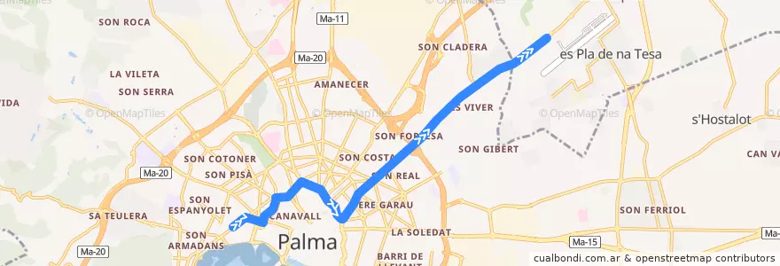 Mapa del recorrido Bus 44: N4 Nitbus: Plaça del Progrés → Son Bonet de la línea  en Palma.