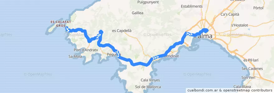 Mapa del recorrido Bus 100: Sant Elm → Palma (en autopista) de la línea  en 발레아레스 제도.
