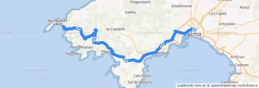 Mapa del recorrido Bus 100: Palma → Sant Elm (en autopista) de la línea  en 발레아레스 제도.