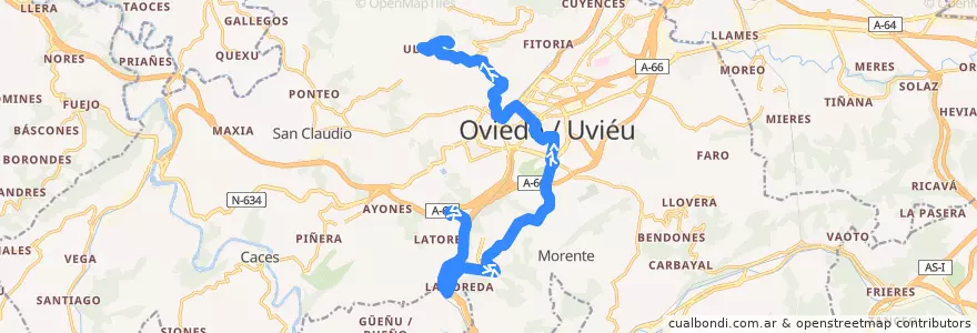 Mapa del recorrido A2: Centro Médico - Centro Asturiano de la línea  en Oviedo.