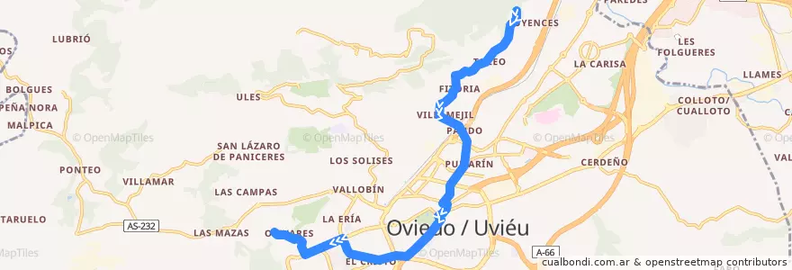 Mapa del recorrido B1 Fitoria - Olivares de la línea  en Oviedo.