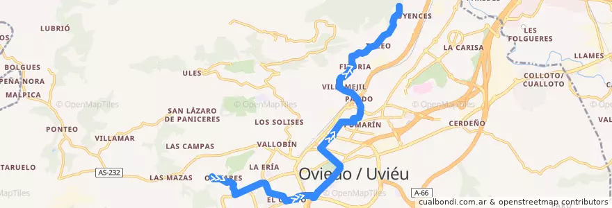 Mapa del recorrido B2: Olivares - Fitoria de la línea  en Oviède.