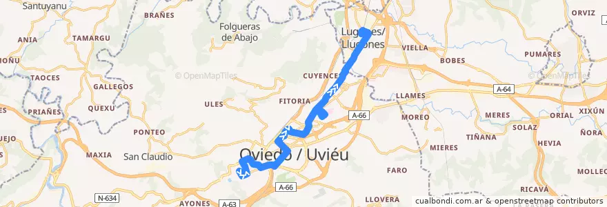 Mapa del recorrido C1: Facultades - Lugones de la línea  en Oviedo.