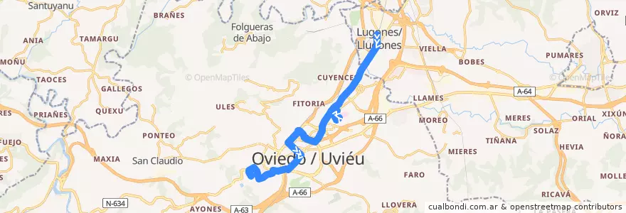Mapa del recorrido C2: Lugones - Facultades de la línea  en Oviède.