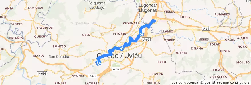 Mapa del recorrido D1: Facultades - intu Asturias de la línea  en Oviède.