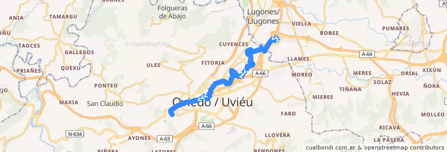Mapa del recorrido D2: intu Asturias - Facultades de la línea  en Овьедо.