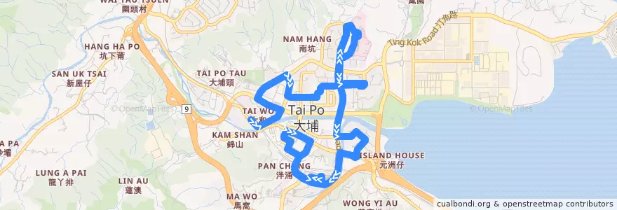 Mapa del recorrido KMB 71K Tai Wo Station to Tai Po Market Station de la línea  en 大埔區 Tai Po District.