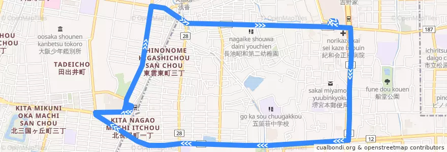 Mapa del recorrido 30右: 北花田線・右回り de la línea  en 堺市.