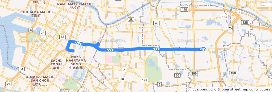 Mapa del recorrido 25: 河内松原駅前-堺東駅前 de la línea  en Präfektur Osaka.