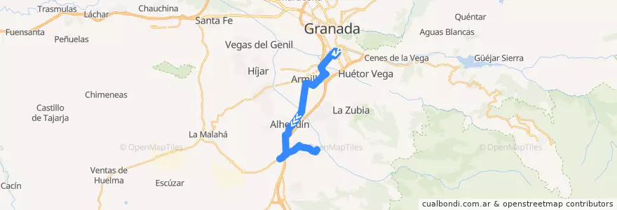 Mapa del recorrido Bus 0160: Granada → Alhendín → Villa de Otura de la línea  en Comarca de la Vega de Granada.