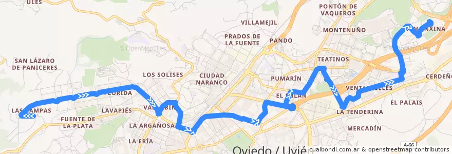 Mapa del recorrido E1: Las Campas - La Monxina de la línea  en Oviedo.