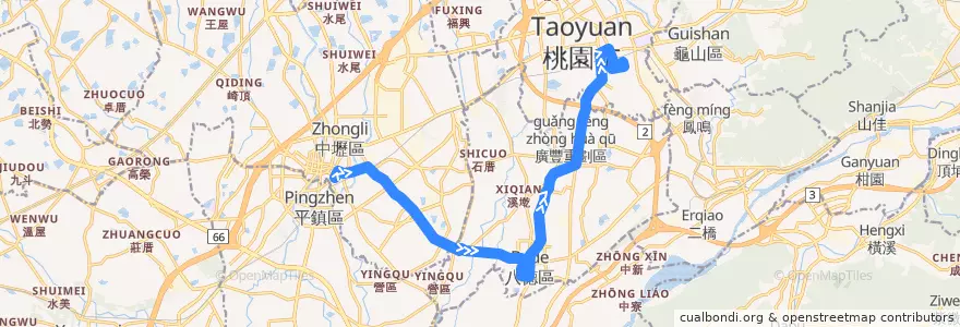 Mapa del recorrido 5010 中壢->八德->桃園 de la línea  en Таоюань.