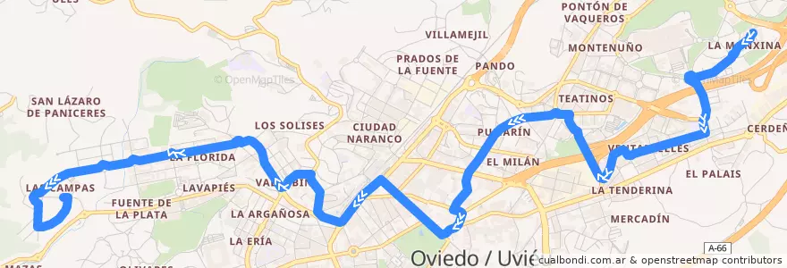 Mapa del recorrido E2: La Monxina - Las Campas de la línea  en Oviedo.