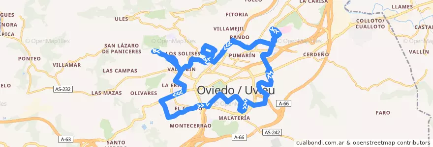 Mapa del recorrido F1: HUCA - Naranco - Campillín - HUCA de la línea  en Oviède.