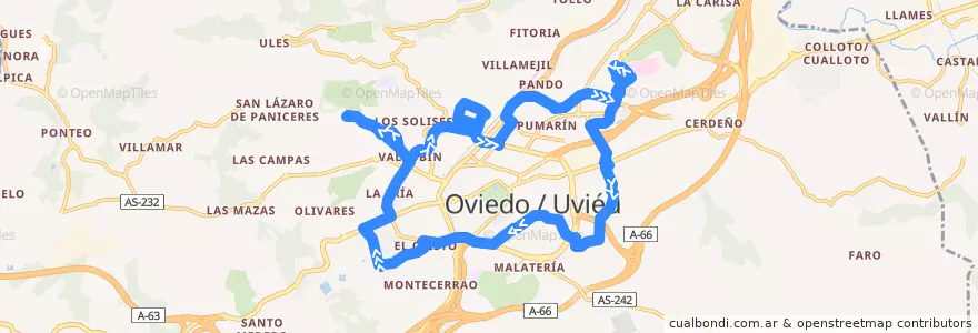Mapa del recorrido F2: HUCA - Campillín - Naranco - HUCA de la línea  en Oviedo.