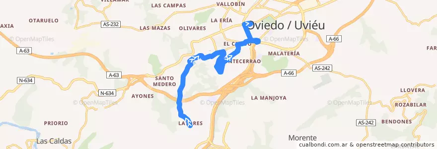 Mapa del recorrido K1: Latores - Plaza América de la línea  en Oviède.