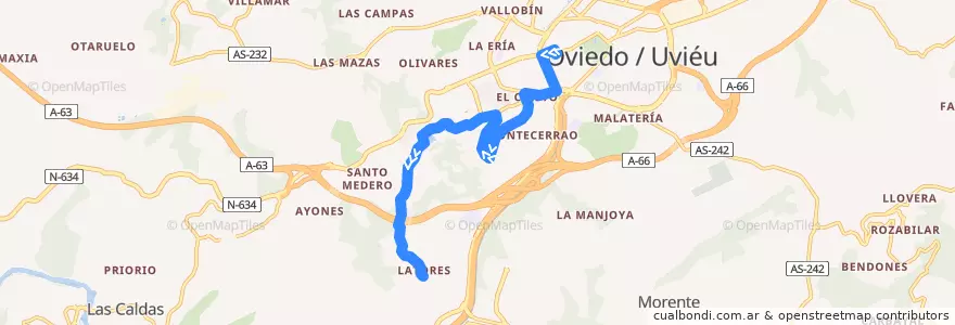 Mapa del recorrido K2: Plaza América - Latores de la línea  en Овьедо.