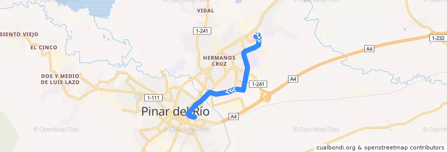 Mapa del recorrido Ruta 4-A Pinar del Río (regreso) de la línea  en Ciudad de Pinar del Río.