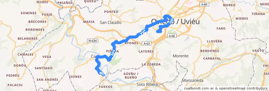 Mapa del recorrido G1: Puerto - Montecerrao de la línea  en Oviedo.
