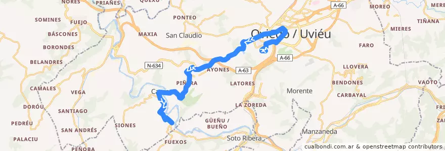 Mapa del recorrido G2: Montecerrao - Puerto de la línea  en Oviedo.