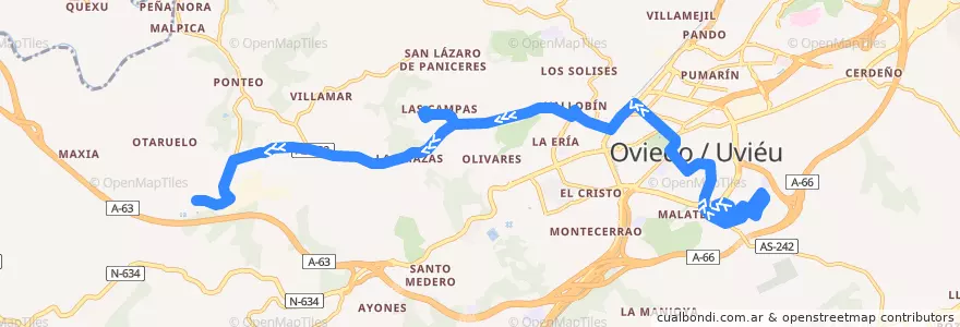 Mapa del recorrido J1: Otero - San Claudio de la línea  en Oviède.