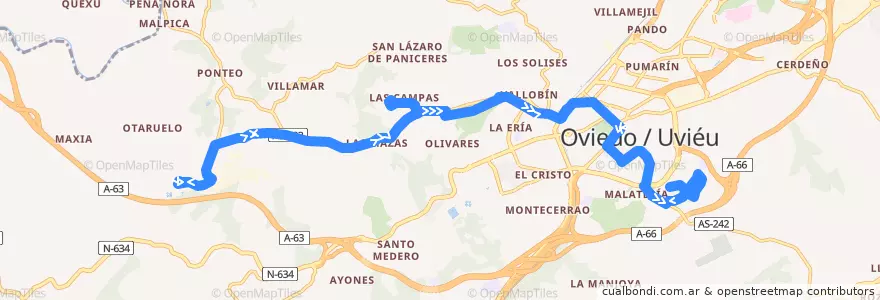 Mapa del recorrido J2: San Claudio - Otero de la línea  en Oviedo.