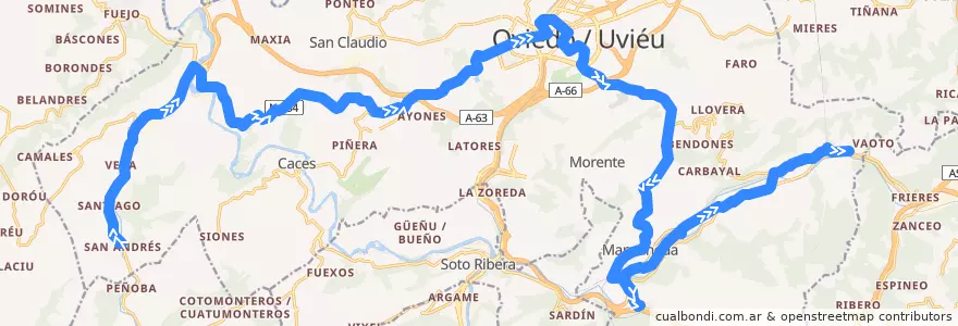 Mapa del recorrido L1: San Andrés - Tudela Veguín de la línea  en Oviedo.
