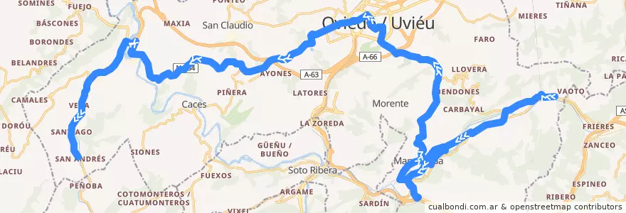 Mapa del recorrido L2: Tudela Veguín - San Andrés de la línea  en Oviède.