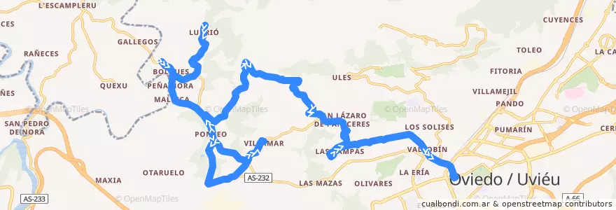 Mapa del recorrido O1: Lubrió - Plaza América de la línea  en Oviedo.