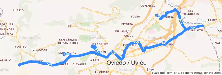 Mapa del recorrido BÚHO1: Cuatro Caños - San Claudio de la línea  en Oviedo.