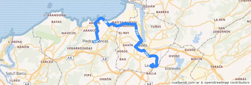 Mapa del recorrido L1-A: Piedras Blancas - Arnao - Raíces - Avilés - La Luz de la línea  en 阿斯圖里亞斯.