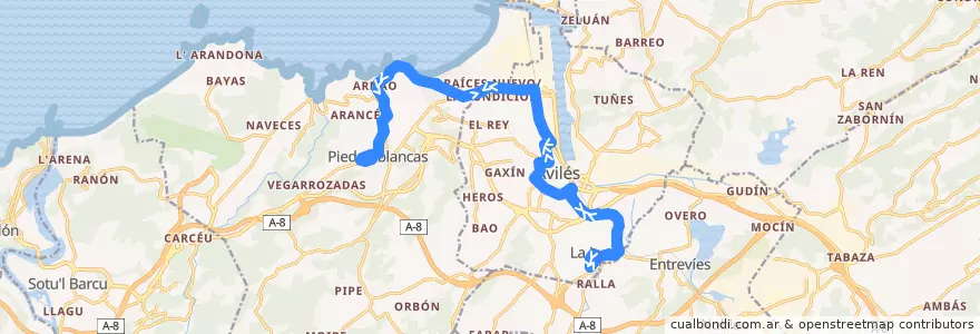 Mapa del recorrido L1-B: La Luz - Avilés - Raíces - Arnao - Piedras Blancas de la línea  en Astúrias.