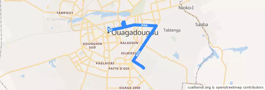 Mapa del recorrido 1: Naaba Koom→Terminus Karpala de la línea  en Ouagadougou.