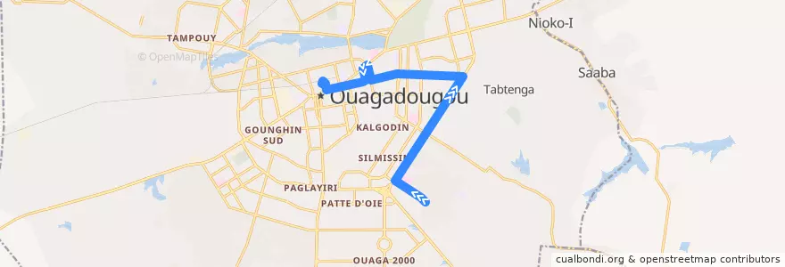 Mapa del recorrido 1: Terminus Karpala→Naaba Koom de la línea  en Ouagadougou.