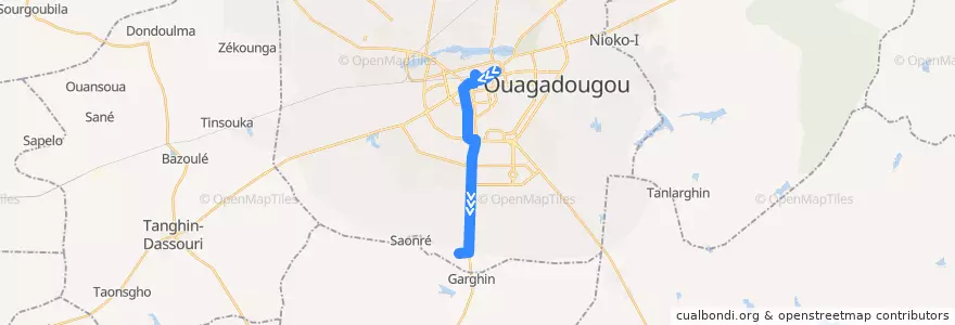 Mapa del recorrido 10: Zones des écoles→Terminus CHU Tengandogo de la línea  en Уагадугу.